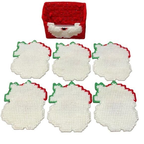 VTG Santa Claus Handmade Plastic Canvas Coasters Napkin Rings Set of 6 - Picture 5 of 11